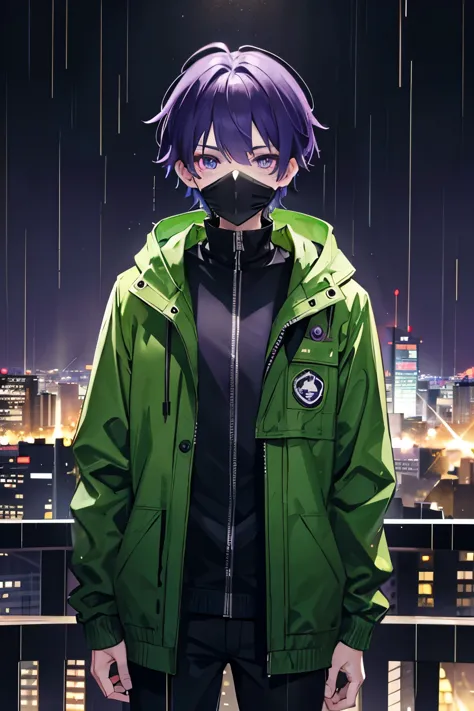young boy, purple eyes, wearing green jacket, green jacket with hood, , black pants, purple hair in sholders height, in the city...