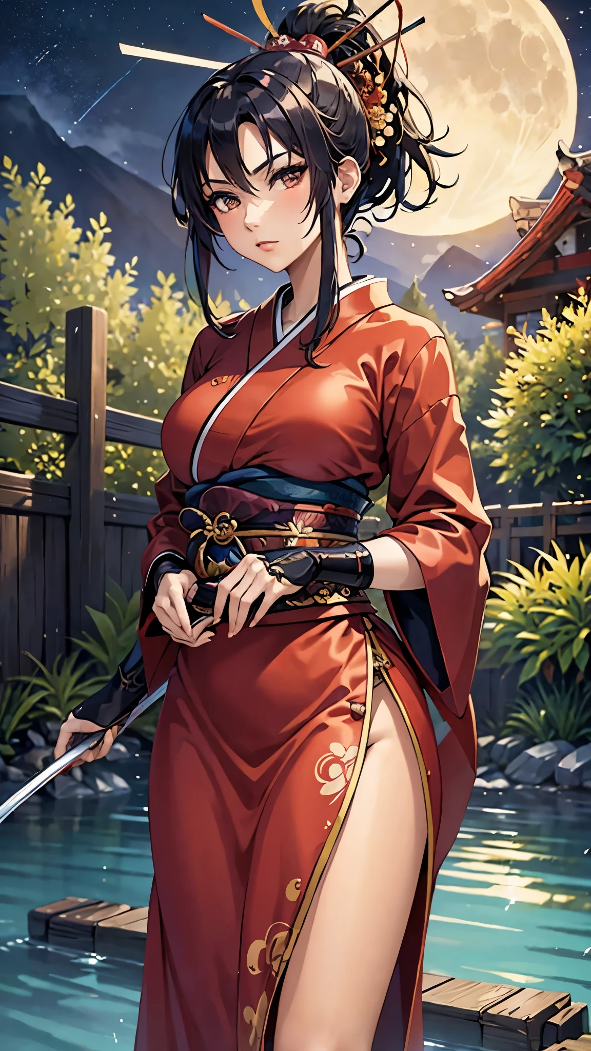 masterpiece, best quality, samurai in red kimono, cloth flowing in the air, moon, boreal steppe, sfw