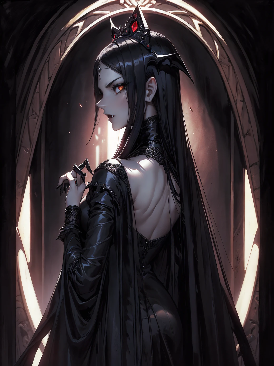 absurdres, ((stunning female Vampire))), goth Renaissance, (long black hair:1.erfect and detailed angular sharp oval shaped face, ((redeyes)), jewelry, red and black tetradic colors, full lips, gothic castle background, (solo), perfect anatomy, approaching perfection, ethereal, intricate details, ultra-high definition, 12k resolution, goth aesthetic, smooth, sharp focus, dreamy, glowing, backlit, glamour, glimmer, fantastical, shadows, smooth, Gothic crown,  backwards, looking back