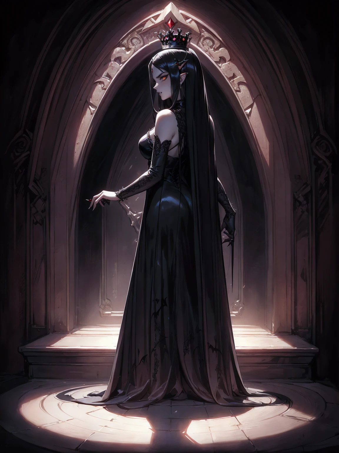 absurdres, ((stunning female Vampire))), goth Renaissance, (long black hair:1.erfect and detailed angular sharp oval shaped face, ((redeyes)), jewelry, red and black tetradic colors, full lips, gothic castle background, (solo), perfect anatomy, approaching perfection, ethereal, intricate details, ultra-high definition, 12k resolution, goth aesthetic, smooth, sharp focus, dreamy, glowing, backlit, glamour, glimmer, fantastical, shadows, smooth, Gothic crown,  backwards, looking back