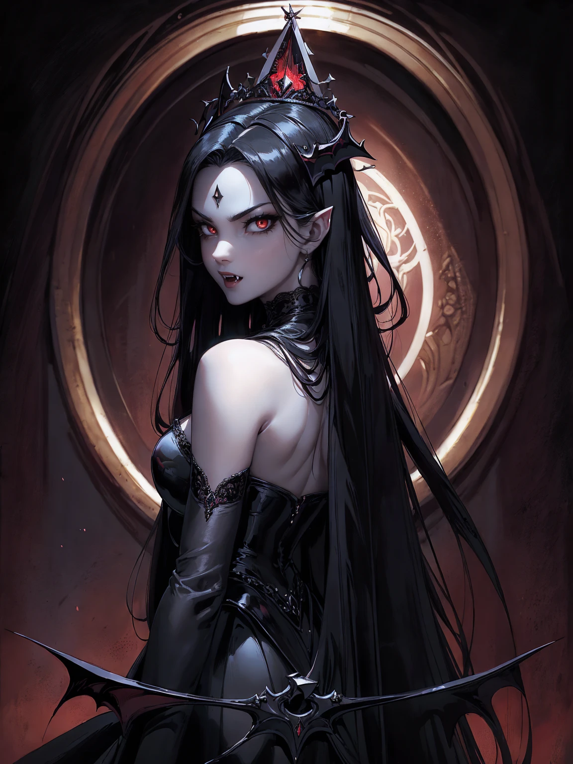 absurdres, ((stunning female Vampire))), goth Renaissance, (long black hair:1.erfect and detailed angular sharp oval shaped face, ((redeyes)), jewelry, red and black tetradic colors, full lips, gothic castle background, (solo), perfect anatomy, approaching perfection, ethereal, intricate details, ultra-high definition, 12k resolution, goth aesthetic, smooth, sharp focus, dreamy, glowing, backlit, glamour, glimmer, fantastical, shadows, smooth, Gothic crown,  backwards, looking back