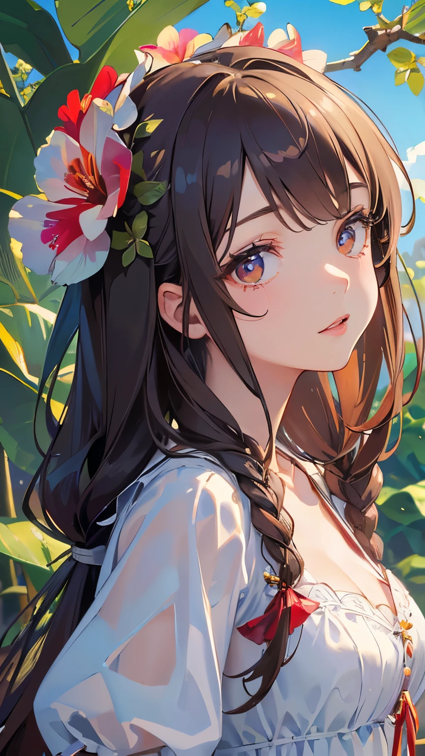 ((best quality)), ((masterpiece)), (detailed), perfect face, ((Best quality, 8k, Masterpiece: 1.3)), Sharp focus A beautiful woman, Highly detailed face and skin texture, Detailed eyes, Double eyelid, A girl with a large flower decoration in her hair, hibiscus, phalaenopsis, dahlia, brown hair, low twin braids, from below, cowboy shot
