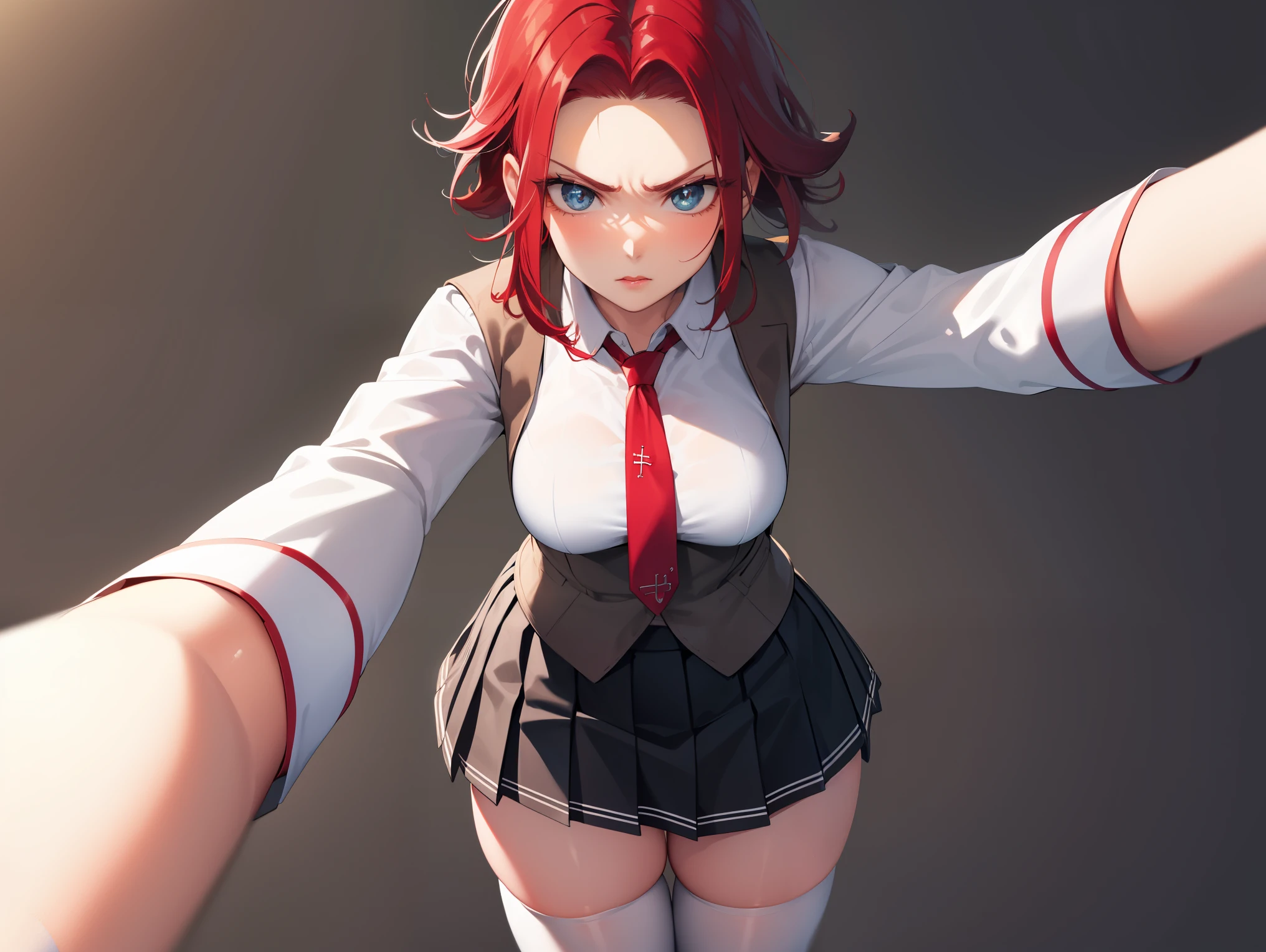 kallen stadtfeld, blue eyes, ((red hair:1.5)), short hair,
BREAK ((school uniform, red necktie, white shirt, pleated skirt, black skirt, white thighhighs, brown vest, long sleeves:1.5))
BREAK crossed arms,angry, pov,
BREAK (masterpiece:1.2), best quality, high resolution, unity 8k wallpaper, (illustration:0.8), (beautiful detailed eyes:1.6), extremely detailed face, perfect lighting, extremely detailed CG, (perfect hands, perfect anatomy),