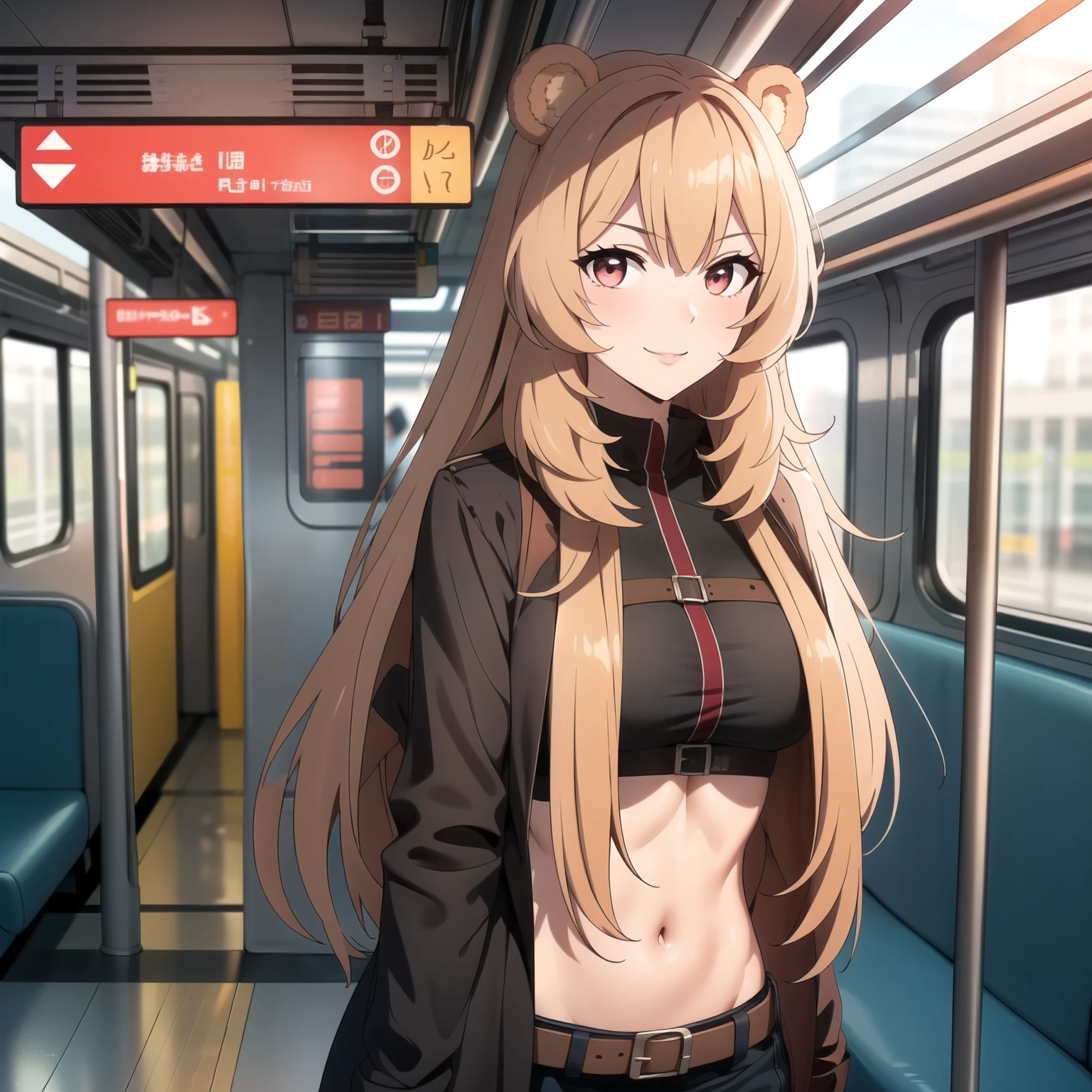 Raphtalia woman 24 years old blonde hair, orejas de oso, ojos rojos,  piel clara, pechos grandes , ropa urbana a la moda, sonrisa, background an underground train station, cuerpo completo. manos perfectas. manos perfectas cinco dedos en cada mano.