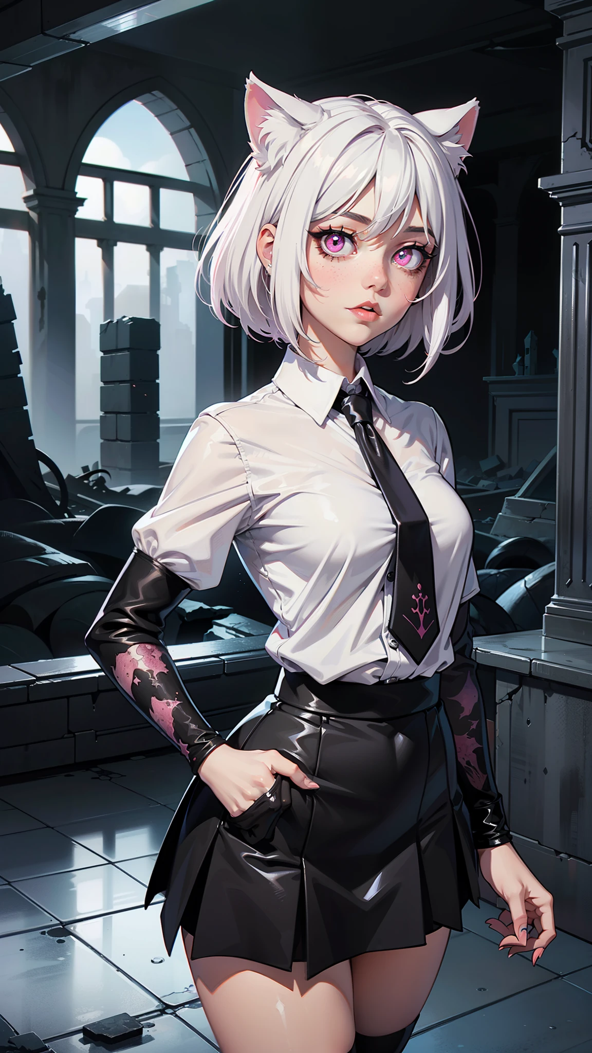 White hair. Short hair. Anime girl. Pink eyes. Glowing eyes. Nekomimi. White clothes. Black skirt. Pink tie.,(Fondo de ruinas de mazmorra en ruinas:1.4 )