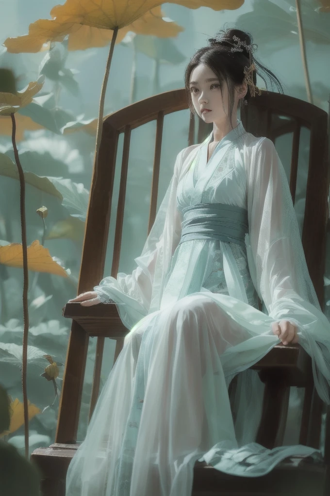 1girl, solo, white Hanfu, circular mural, stone, half body close-up, (sitting on the Grand Tutor's Chair:1.6), autumn theme, indoor, simple background, cinematic feeling, sense of scale and narrative, ethereal scene, peaceful loneliness, stunning contrast and shadow, photography, super reality, bright colors, superlight compensation, depth of field, caustics, 8k, super detail, masterpiece