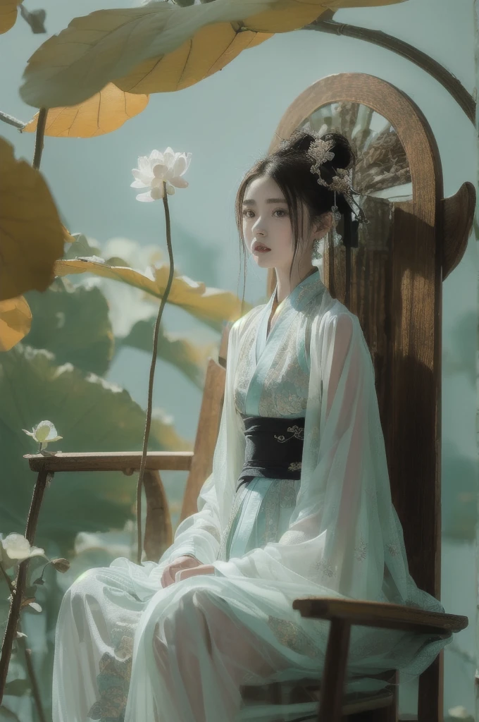 1girl, solo, white Hanfu, circular mural, stone, half body close-up, (sitting on the Grand Tutor's Chair:1.6), autumn theme, indoor, simple background, cinematic feeling, sense of scale and narrative, ethereal scene, peaceful loneliness, stunning contrast and shadow, photography, super reality, bright colors, superlight compensation, depth of field, caustics, 8k, super detail, masterpiece