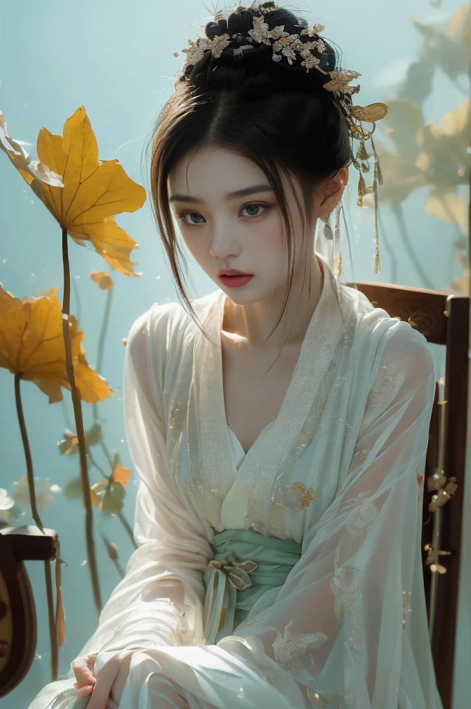 1girl, solo, white Hanfu, circular mural, stone, half body close-up, (sitting on the Grand Tutor's Chair:1.6), autumn theme, indoor, simple background, cinematic feeling, sense of scale and narrative, ethereal scene, peaceful loneliness, stunning contrast and shadow, photography, super reality, bright colors, superlight compensation, depth of field, caustics, 8k, super detail, masterpiece