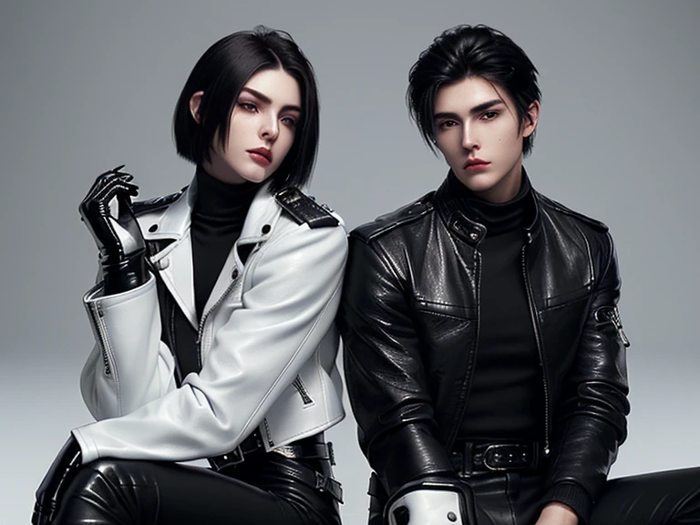 Final Fantasy-style graphics, young, Cute and cool two Japanese boys,borth Thin eyebrows and big eyes,   both wearing a shiny white single-breasted leather jacket.......。Biker style leather jacket、 with epaulettes,  The jacket is zipped up, The jacket pockets are black., The jacket has a high stand-up collar with a belt, Also wearing a black turtleneck, Black Leather Pants, Thin black leather gloves on both hands, Black leather knee-high lace-up boots, Show me your ((whole body)) from head to toe, Final Fantasy Style、((good looking))、((Age: 20 years old))、((good looking))、((Clear eyes and nose))、((Shiny white color single leather jacket))、((The jacket must be white color.))、((The jacket has epaulettes))、((Jacket has a high stand-up collar and belt))、((The jacket has a black pocket))、((Black turtleneck shirt))、((Black Leather Pants))、((Always wear shiny black leather gloves on both hands))、((Cover all fingers on both hands with gloves))、((Black lace-up leather long boots))、((View full-body images from a distance))、Realistic image quality and texture、In a small cell、((close the eyes))、A kind smile、((The front of the jacket is closed with a zipper))、((No skin below the neck))、((round face)、((Short Hairstyleedium build))、((Upright posture))、((don't sit))、((he handcuffed both hands))