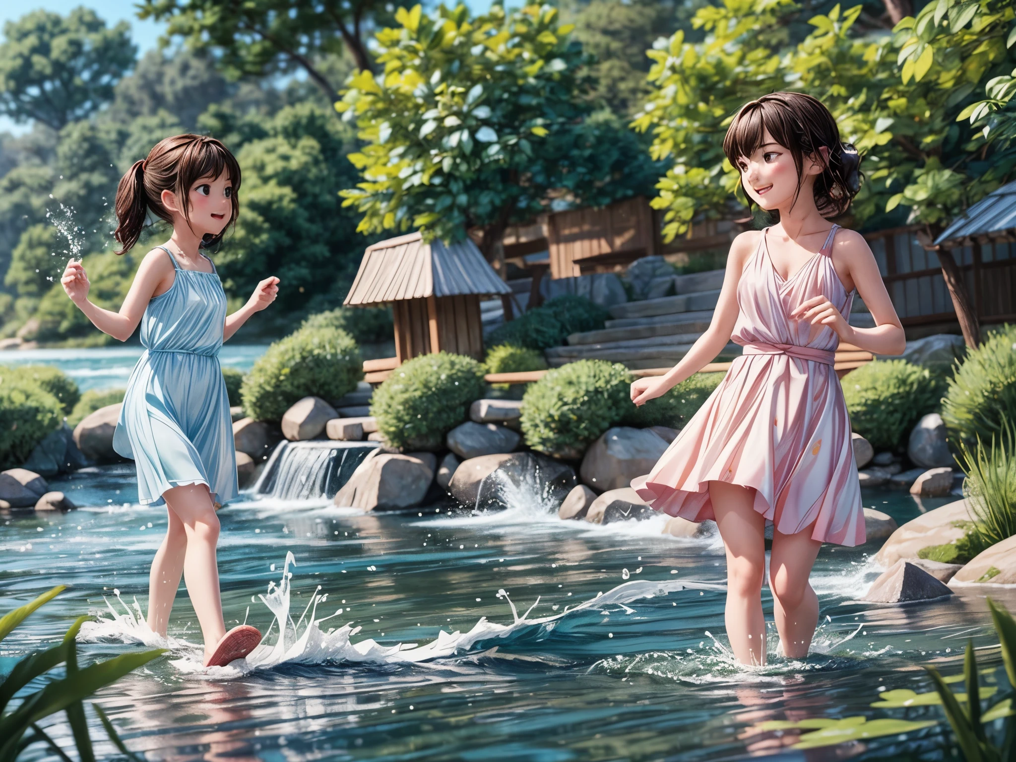 (high resolution、4K、High Reality:1.2), Extremely detailed depiction, Transparency, Vibrant colors, Natural light、

Genre: landscape、Character main scene:
- Girls playing in the river: Bright and cheerful girls、Playing happily in the river。
- A scene of water splashing: Watch the girls make splashes、Depicts beautiful light and color。

Personality traits:
- Natural look: The girls have natural smiles and bright expressions on their faces.。
- Beautiful Hair: Depict long hair、It also expresses the appearance of being splashed with water.。
- Transparencyのある肌: 少女たちの肌はTransparencyがあり、Expresses brilliance。

Background depiction:
- Lush riverbanks: Maple tree々A beautiful riverbank with grass and grassland painted on it.、明るくVibrant colorsで表現します。
- Clear skies: Clear blue sky and white clouds、Creates a bright and refreshing atmosphere。

Painting Style:
- Impressionist style depiction: The painting is done in the impressionist style.、With soft colors and blur effects、Expresses an elegant and natural atmosphere。
- Expressing the flow of water: Beautifully depict the flow of river water and ripples、Allows you to feel the movement of the water。

Color Palette:
- Light toned colors: Color Paletteは明るいトーンを使用し、It brings lightness and gaiety to the whole painting.。
- Water color: Water is painted in vibrant blue.、Transparencyと清涼感を表現します。

lighting:
- Natural lightの効果: 絵画はNatural lightに包まれているような雰囲気を演出します。It depicts girls having fun splashing around in the sunshine.。