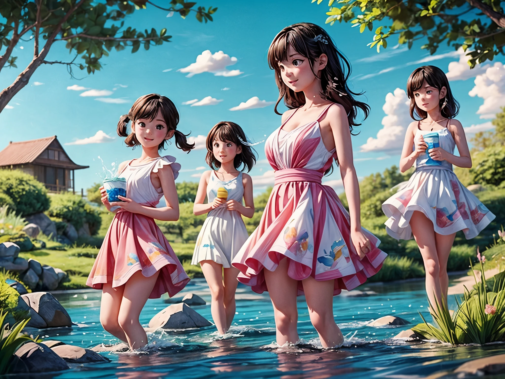 (high resolution、4K、High Reality:1.2), Extremely detailed depiction, Transparency, Vibrant colors, Natural light、

Genre: landscape、Character main scene:
- Girls playing in the river: Bright and cheerful girls、Playing happily in the river。
- A scene of water splashing: Watch the girls make splashes、Depicts beautiful light and color。

Personality traits:
- Natural look: The girls have natural smiles and bright expressions on their faces.。
- Beautiful Hair: Depict long hair、It also expresses the appearance of being splashed with water.。
- Transparency skin: The girls&#39; skin has transparency、Expresses brilliance。

Background depiction:
- Lush riverbanks: Maple tree々A beautiful riverbank with grass and grassland painted on it.、Expressed in bright and vibrant colors。
- Clear skies: Clear blue sky and white clouds、Creates a bright and refreshing atmosphere。

Painting Style:
- Impressionist style depiction: The painting is done in the impressionist style.、With soft colors and blur effects、Expresses an elegant and natural atmosphere。
- Expressing the flow of water: Beautifully depict the flow of river water and ripples、Allows you to feel the movement of the water。

Color Palette:
- Light toned colors: The Color Palette uses bright tones.、It brings lightness and gaiety to the whole painting.。
- Water color: Water is painted in vibrant blue.、Expresses transparency and a refreshing feeling。

lighting:
- Natural light effect: The painting creates an atmosphere of being surrounded by natural light.。It depicts girls having fun splashing around in the sunshine.。