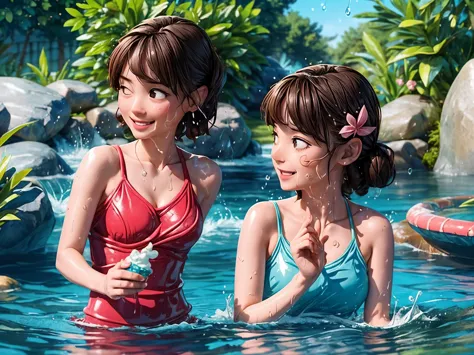 (best quality,realistic:1.37),2girls splashing water in a small stream,water splashes,hot summer day,glistening bodies soaked in...