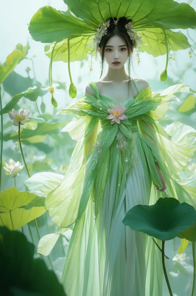 An enchanting humanoid-style plant creature in full bloom, standing upright. It has an overall green body color, with a flower-like structures sprouting around its head. The head is adorned with leaf-like extensions fashioned like a headband. It flaunts a skirt-like structure at its lower half resembling petals of a flower, the array of colors ranges from light green to dark green. Its arms, delicate and slim, end in leafy shapes instead of hands. It also exhibits a pair of oval shaped deep red eyes full of expression adding to its captivating aura.