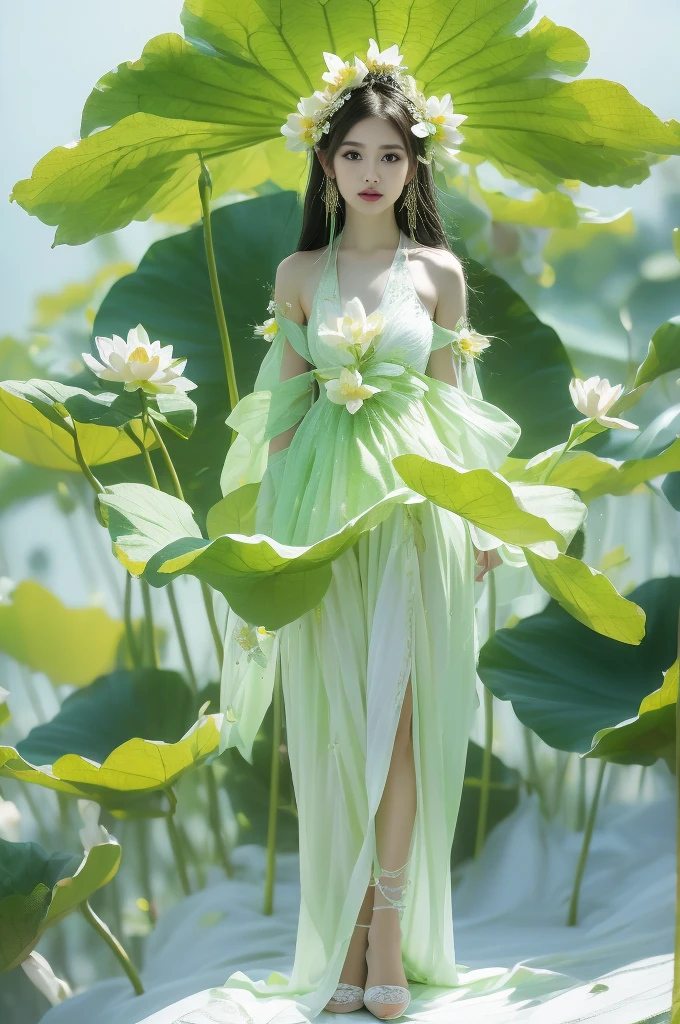 An enchanting humanoid-style plant creature in full bloom, standing upright. It has an overall green body color, with a flower-like structures sprouting around its head. The head is adorned with leaf-like extensions fashioned like a headband. It flaunts a skirt-like structure at its lower half resembling petals of a flower, the array of colors ranges from light green to dark green. Its arms, delicate and slim, end in leafy shapes instead of hands. It also exhibits a pair of oval shaped deep red eyes full of expression adding to its captivating aura.