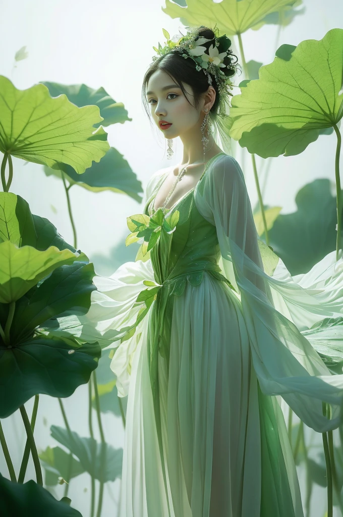 An enchanting humanoid-style plant creature in full bloom, standing upright. It has an overall green body color, with a flower-like structures sprouting around its head. The head is adorned with leaf-like extensions fashioned like a headband. It flaunts a skirt-like structure at its lower half resembling petals of a flower, the array of colors ranges from light green to dark green. Its arms, delicate and slim, end in leafy shapes instead of hands. It also exhibits a pair of oval shaped deep red eyes full of expression adding to its captivating aura.