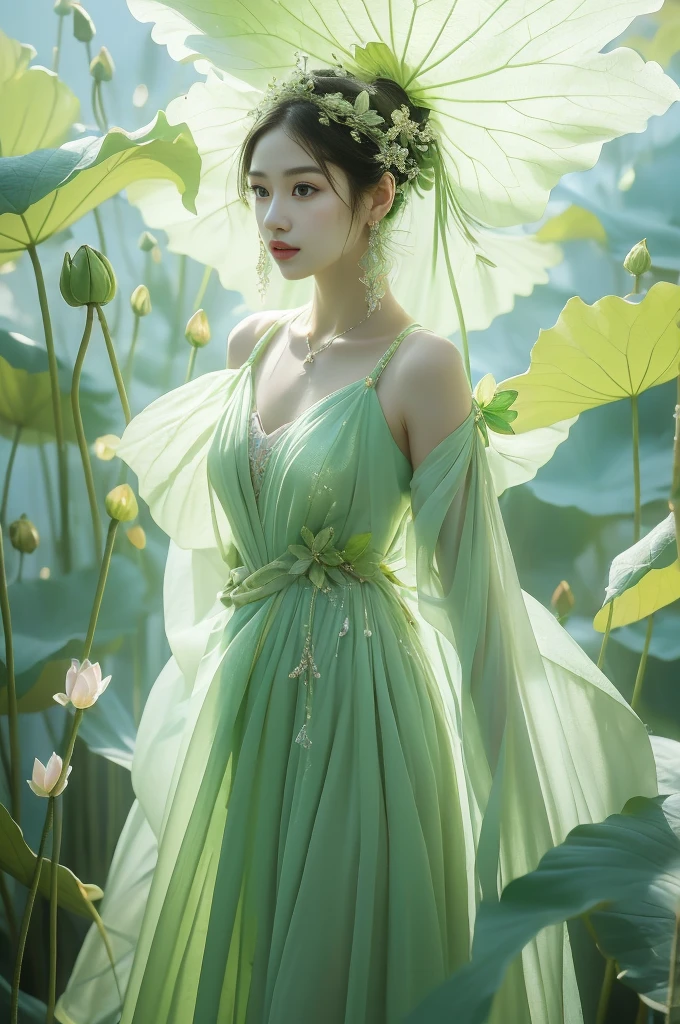 An enchanting humanoid-style plant creature in full bloom, standing upright. It has an overall green body color, with a flower-like structures sprouting around its head. The head is adorned with leaf-like extensions fashioned like a headband. It flaunts a skirt-like structure at its lower half resembling petals of a flower, the array of colors ranges from light green to dark green. Its arms, delicate and slim, end in leafy shapes instead of hands. It also exhibits a pair of oval shaped deep red eyes full of expression adding to its captivating aura.