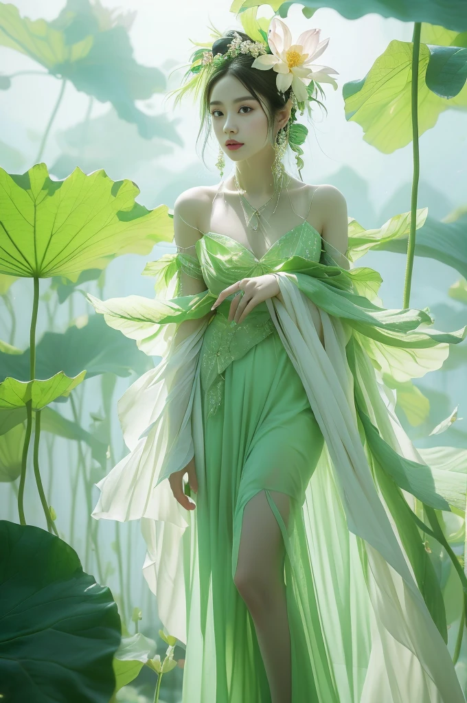 An enchanting humanoid-style plant creature in full bloom, standing upright. It has an overall green body color, with a flower-like structures sprouting around its head. The head is adorned with leaf-like extensions fashioned like a headband. It flaunts a skirt-like structure at its lower half resembling petals of a flower, the array of colors ranges from light green to dark green. Its arms, delicate and slim, end in leafy shapes instead of hands. It also exhibits a pair of oval shaped deep red eyes full of expression adding to its captivating aura.