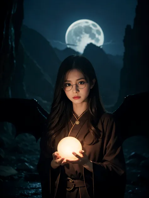 Dark Fantastic Night , Behind me is a big, scary castle , Lots of bats , big, red, Fantastic Moon , Some cliffs , 2. A cave far from the cliff , Some stones , Broken pillars , There are many magical glowing stones around her , A dragon far away in the dark...