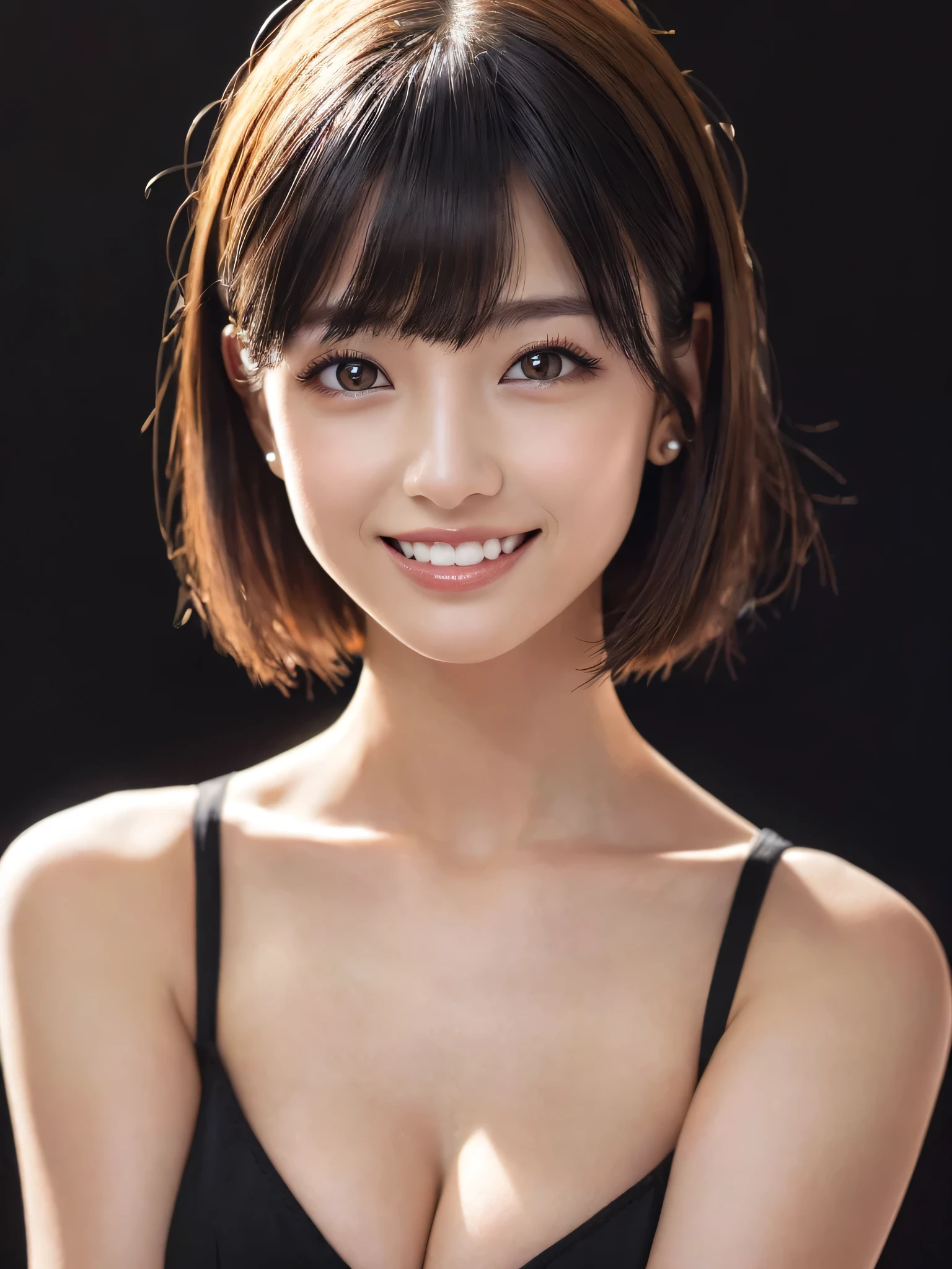 (sfw:1.5),(masterpiece, highest quality),1 girl, Cute beauty、alone,  Looking at the audience,  Highly detailed pure white shiny short bob hair:1.4, short hair:1.8、Beautiful symmetrical face、Beautiful and attractive woman、Whity, lips, bangs, Outdoor, Mouth closed, Upper Body、Big eyes、eyelash、((Very simple black background:1.8))、(((Looking at the audience、Show me your ears、Long neck、smile、smile)))、Ideal body type、(((huge big breasts , Cleavage:1.6、Happy smile、Beautiful Teeth)))、(((Anatomically correct:1.5)))、（Perfect body proportions)、(Natural Hands、Natural Fingers)、 ((Round face)), Realistic Eye Size, Big Eyes、Droopy eyes