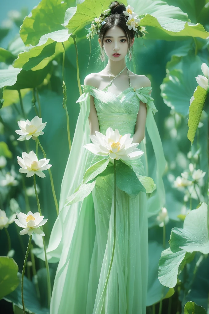 An enchanting humanoid-style plant creature in full bloom, standing upright. It has an overall green body color, with a flower-like structures sprouting around its head. The head is adorned with leaf-like extensions fashioned like a headband. It flaunts a skirt-like structure at its lower half resembling petals of a flower, the array of colors ranges from light green to dark green. Its arms, delicate and slim, end in leafy shapes instead of hands. It also exhibits a pair of oval shaped deep red eyes full of expression adding to its captivating aura.