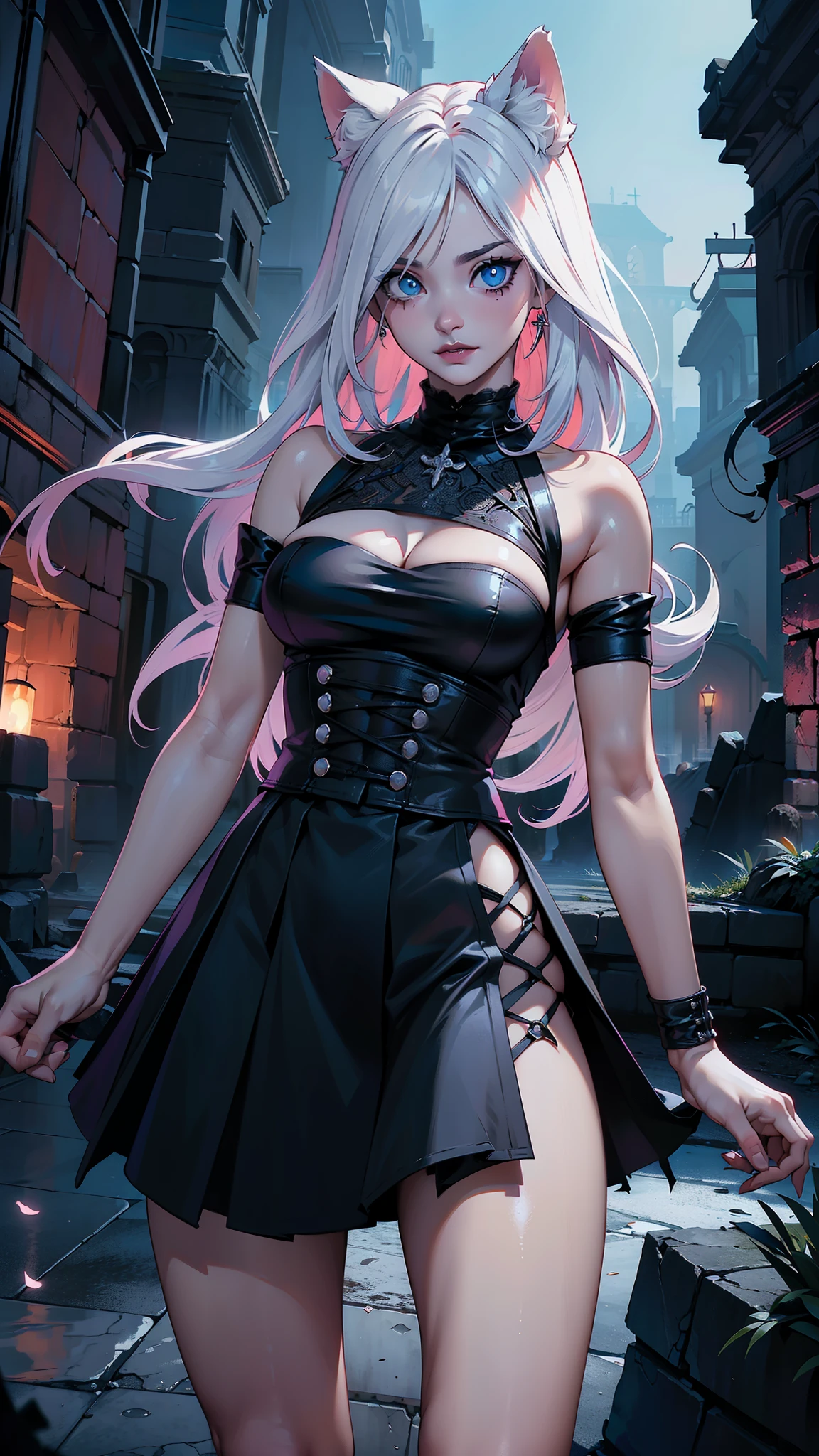 by white. short hair. anime girl. (pink eyes:1.4) . bright Eyes. (nekomimi:1.4) .(Nekomimi V2.1), White clothes. (black skirt:1.4) . pink tie.,(Ruined dungeon ruins background:1.4 ), (masterpiece: 1.4), (8k, realist, raw photo, La Best Quality: 1.4),More detailed 8K.unreal engine:1.4,HD,La Best Quality:1.4, fotorrealist:1.4, skin texture:1.4, masterpiece:1.8,masterpiece, Best Quality,object object], (detailed facial features:1.3),(The correct proportions),(Beautiful blue eyes),  (cowboy pose), ,(Ruined dungeon ruins background piedra grande :1.4 )