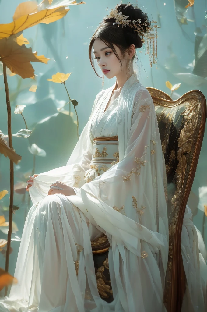 1girl, solo, white Hanfu, circular mural, stone, half body close-up, (sitting on the Grand Tutor's Chair:1.6), autumn theme, indoor, simple background, cinematic feeling, sense of scale and narrative, ethereal scene, peaceful loneliness, stunning contrast and shadow, photography, super reality, bright colors, superlight compensation, depth of field, caustics, 8k, super detail, masterpiece