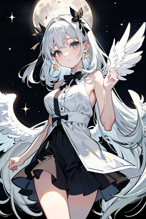 Large Breasts　Shining Background　Angel Halo　Big glowing wings　tears　Gloomy face　camisole　Star Earrings　Shining Eyes　Long white hair　Full moon night　shooting star　universe　Fantasy　Raise your hands to the sky　thin　beauty　Bursting Darkness　Small black ribbon　The further down, Brighten.　