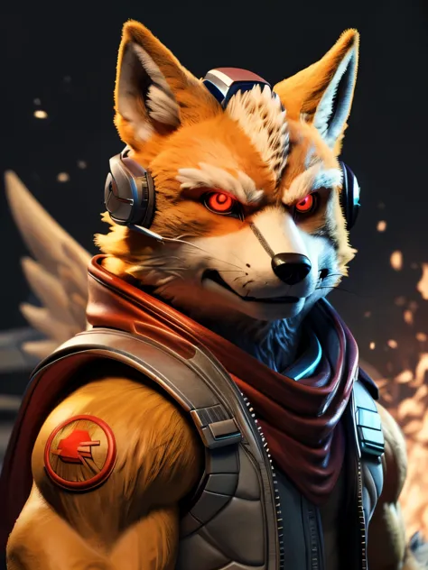 (melhor qualidade,16K,32K,high resolution,obra de arte:1.2),ultra-detalhado,(realista,photorealista,photo-realista:1.37),(Orochi Fox Mccloud) glowing red eyes realista fire background of totally destroyed Ship alone looking at the camera serious expression...