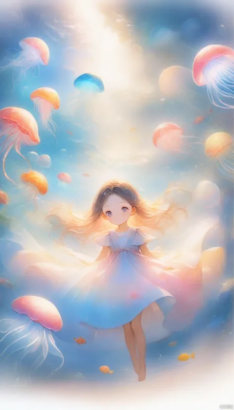 (girl with jellyfish motif:1.3), (flowing translucent dress:1.2), (shine:1.3), (long, wavy tentacle-like hair:1.2), (delicate an...