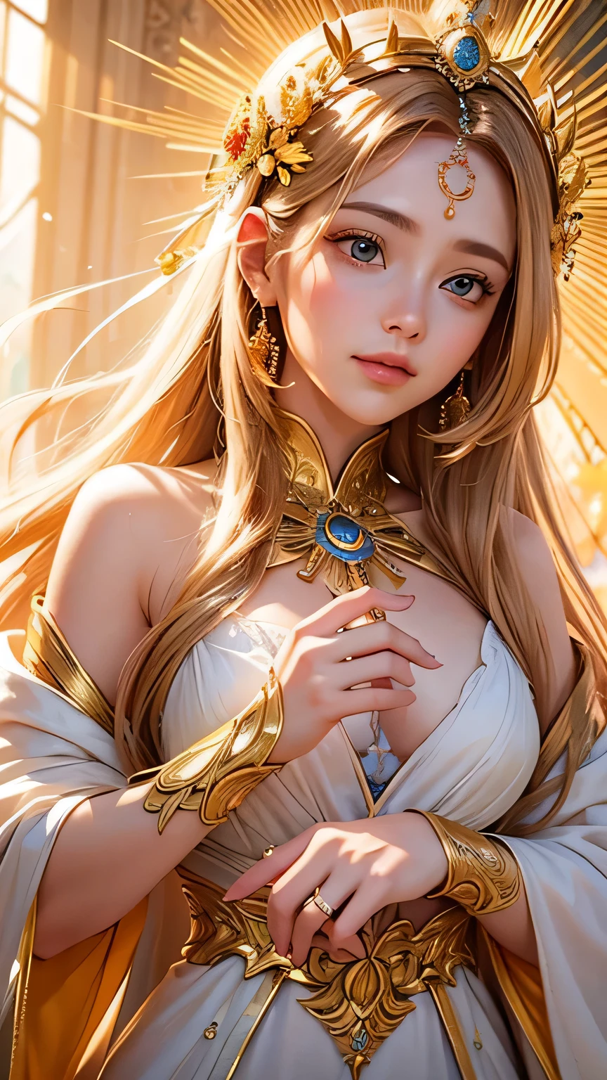 "Maiden of the Sun": Within a sacred sanctuary bathed in sunlight, depict the figure of a sun goddess, facing forward and emanating divine radiance, with golden hair, as she gazes towards us. Zoom in to focus on her face, with light orbs gleaming in her hands, representing the life-giving power of the sun. The background should be predominantly pink, evoking a sense of divine splendor. The setting is in heaven, enveloped in soft, bright light, where one can find tranquility and peace of mind, free from any trace of anxiety. Additionally, the light emanating from her hands should take the form of radiant hearts, resting gently on the palm of her hands.