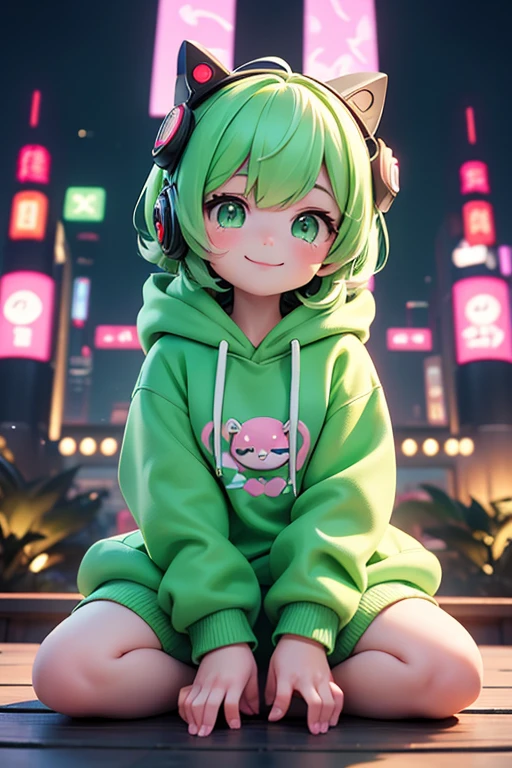Hand holding cherries. (Supersonic Cyberpunk), (green), (Cute cartoon, Cute cartoonAF. | A masterpiece with a maximum resolution of 16K. | (Cute cartoonスタイル). | Front view (Lonely person, Charm) , (Wide々Meditate in a tranquil Japanese garden), ( Wear a stylish hoodie), ((Mechanical Cyberpunk)). |(((A kind smile, Looking at the audience))), (bright green eyes).