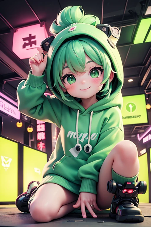 Hand holding cherries. (Supersonic Cyberpunk), (green), (Cute cartoon, Cute cartoonAF. | A masterpiece with a maximum resolution of 16K. | (Cute cartoonスタイル). | Front view (Lonely person, Charm) , (Wide々Meditate in a tranquil Japanese garden), ( Wear a stylish hoodie), ((Mechanical Cyberpunk)). |(((A kind smile, Looking at the audience))), (bright green eyes).
