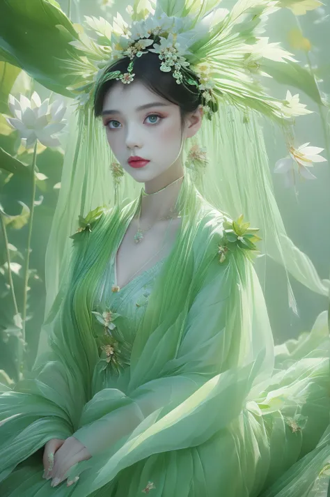 enchanting humanoid plant creature，bloom，upright，it is green overall，flower-like structures growing around the head，head decorat...