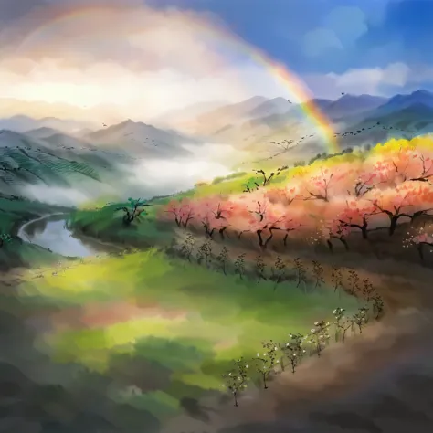 Ink painting, qi baishi, northern China fields, spring, golden hour, (a rainbow in the sky: 1.3), rainbow, rainbow, rainbow, rai...