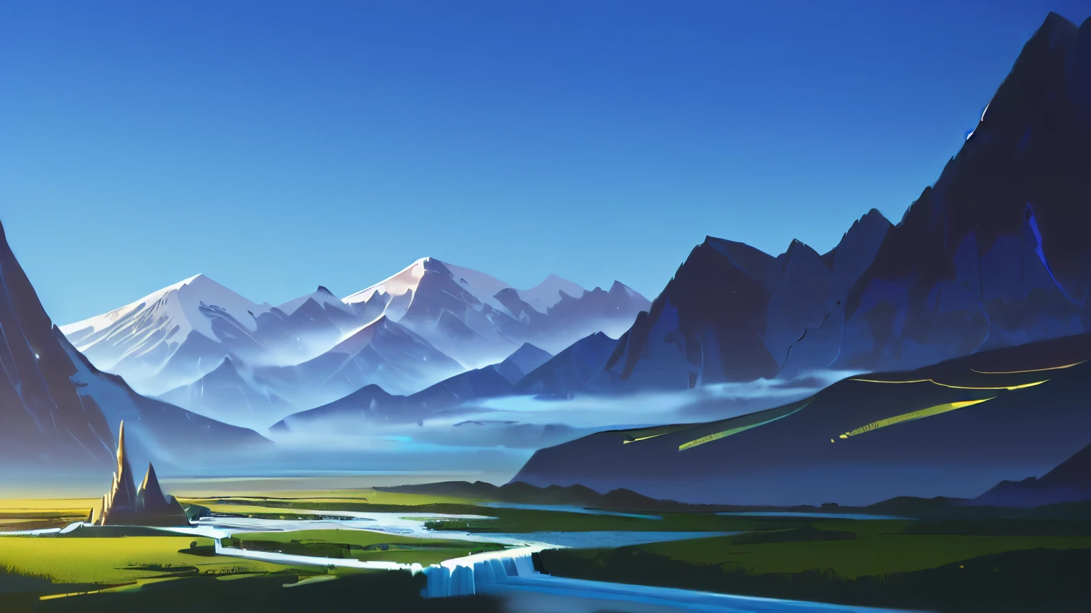 high quality, masterpiece, high details, there is a painting of a mountain with a river in it, avatar landscape, scifi landscape, anime landscape, environment painting, land environment, an alien landscape, fantasy plains, sci-fi landscape