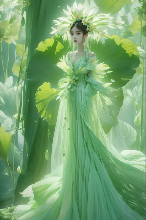 An enchanting humanoid-style plant creature in full bloom, standing upright. It has an overall green body color, with a flower-l...