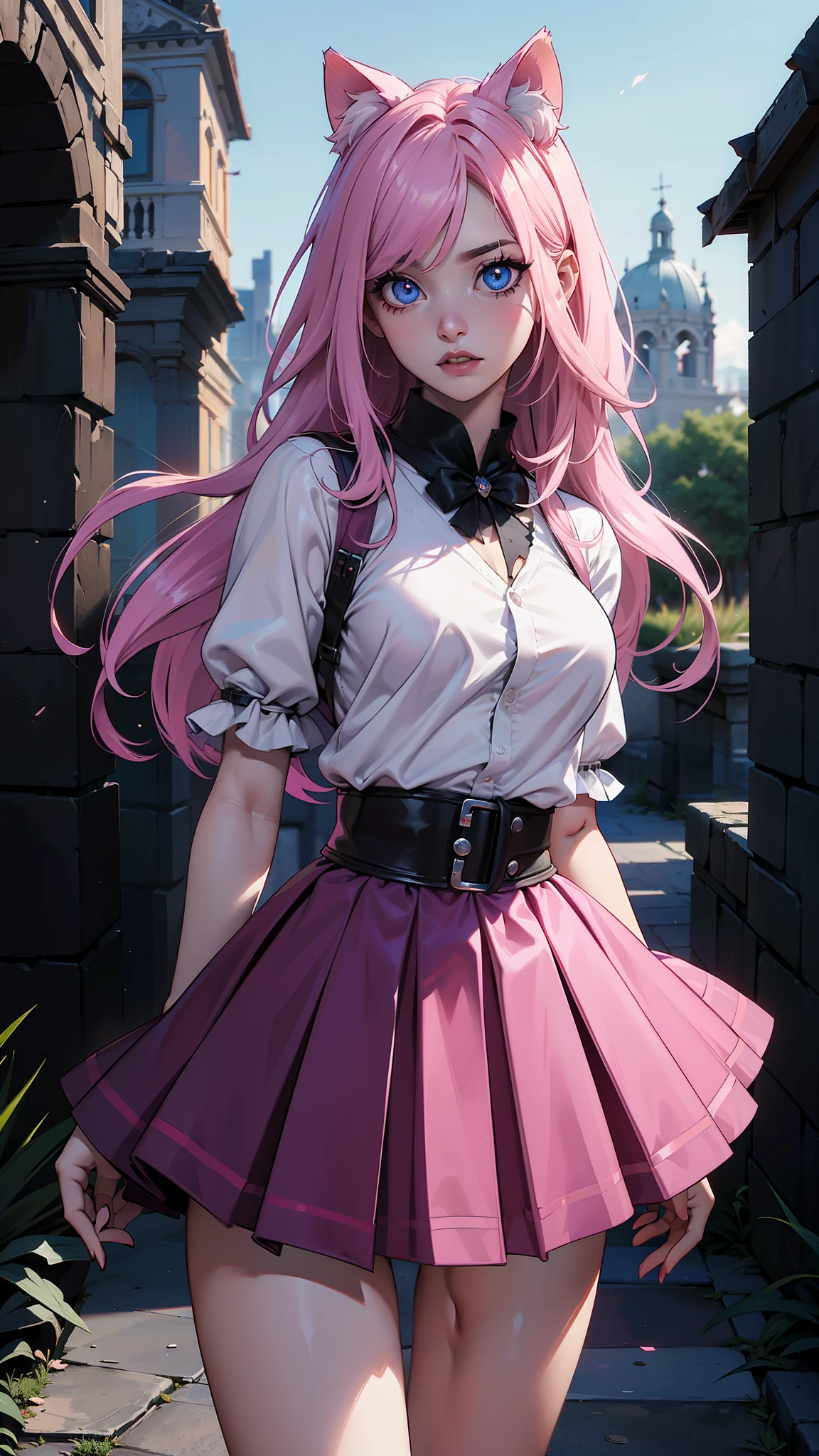 nekomimi white hair. short hair. anime girl. (Plaid schoolgirl miniskirt) . bright Eyes. (nekomimi:1.4) .(Nekomimi V2.1), White clothes. (black skirt:1.4) . pink tie.,(Ruined dungeon ruins background:1.4 ), (masterpiece: 1.4), (8k, realist, raw photo, La Best Quality: 1.4),More detailed 8K.unreal engine:1.4,HD,La Best Quality:1.4, fotorrealist:1.4, skin texture:1.4, masterpiece:1.8,masterpiece, Best Quality,object object], (detailed facial features:1.3),(The correct proportions),(Beautiful pink eyes :1.4 ),  (cowboy pose), ,(Ruined dungeon ruins background piedra grande :1.4 ), ,( cyberpunk 2.1), (bright colors), perfect hands: 1.5