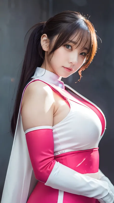 (highest quality、8k、32k、masterpiece、Ultra-high resolution:1.2、Perfect body beauty:1.5、Wearing a shiny pale pink and white hero p...