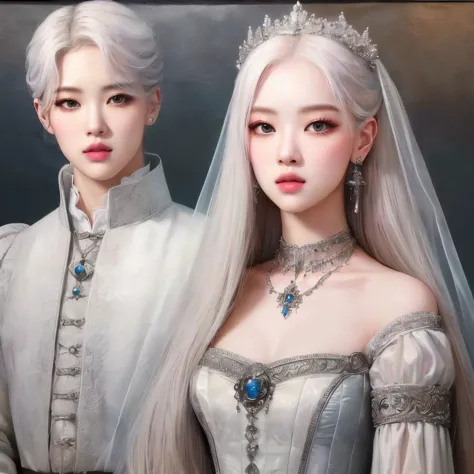 there are two people dressed in historical clothing and tiables, obra de arte al estilo de guweiz, 8k)), Prince & Princess, & Je...