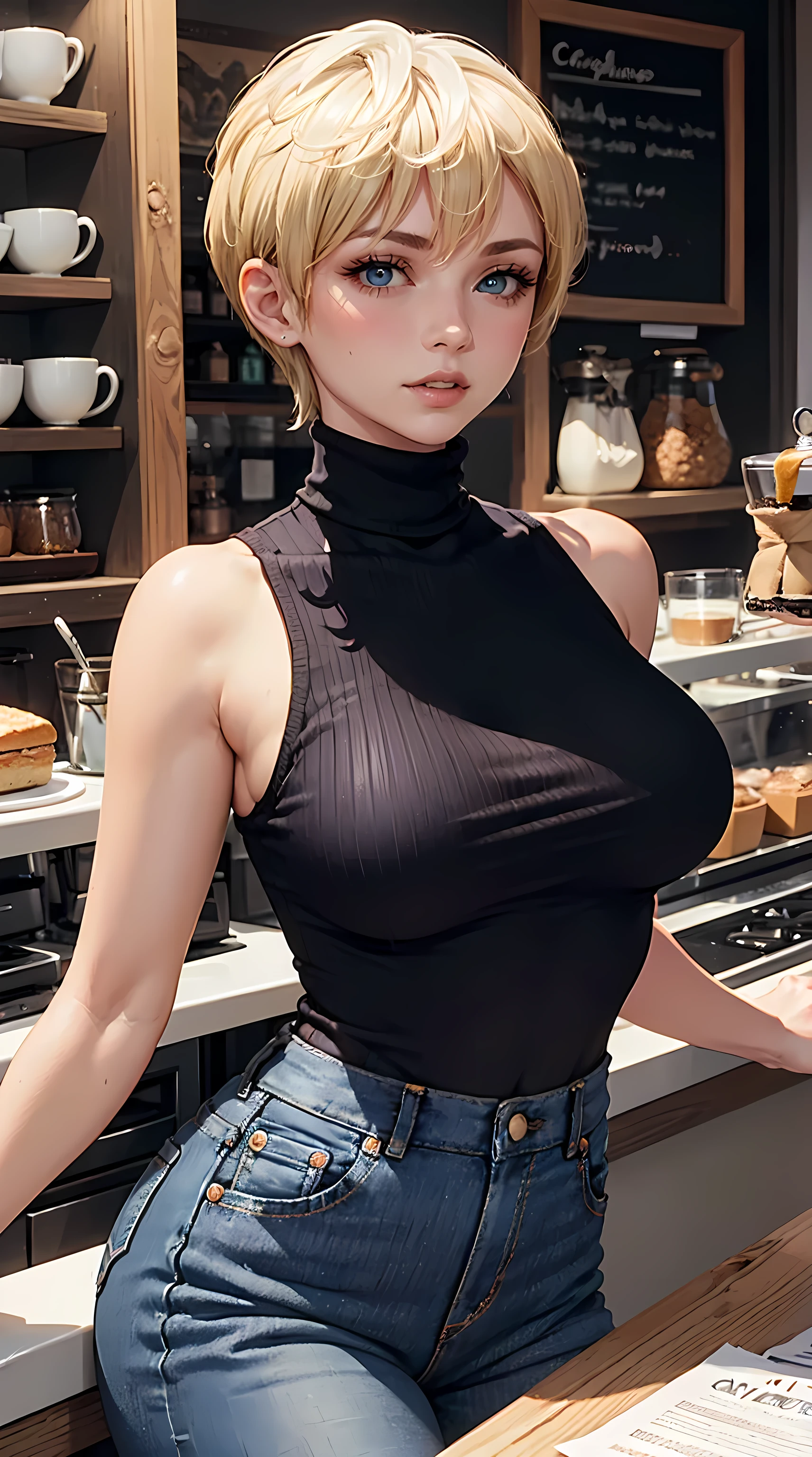 Beautiful short blonde hair woman is shown to have a sexy figure, she is wearing a sexy turtleneck sleeveless sweater and jeans, cozy look, blue eyes, girl in a coffee shop ,sexy session, sexy pose, cowboy shot, superior quality, many details, realistic