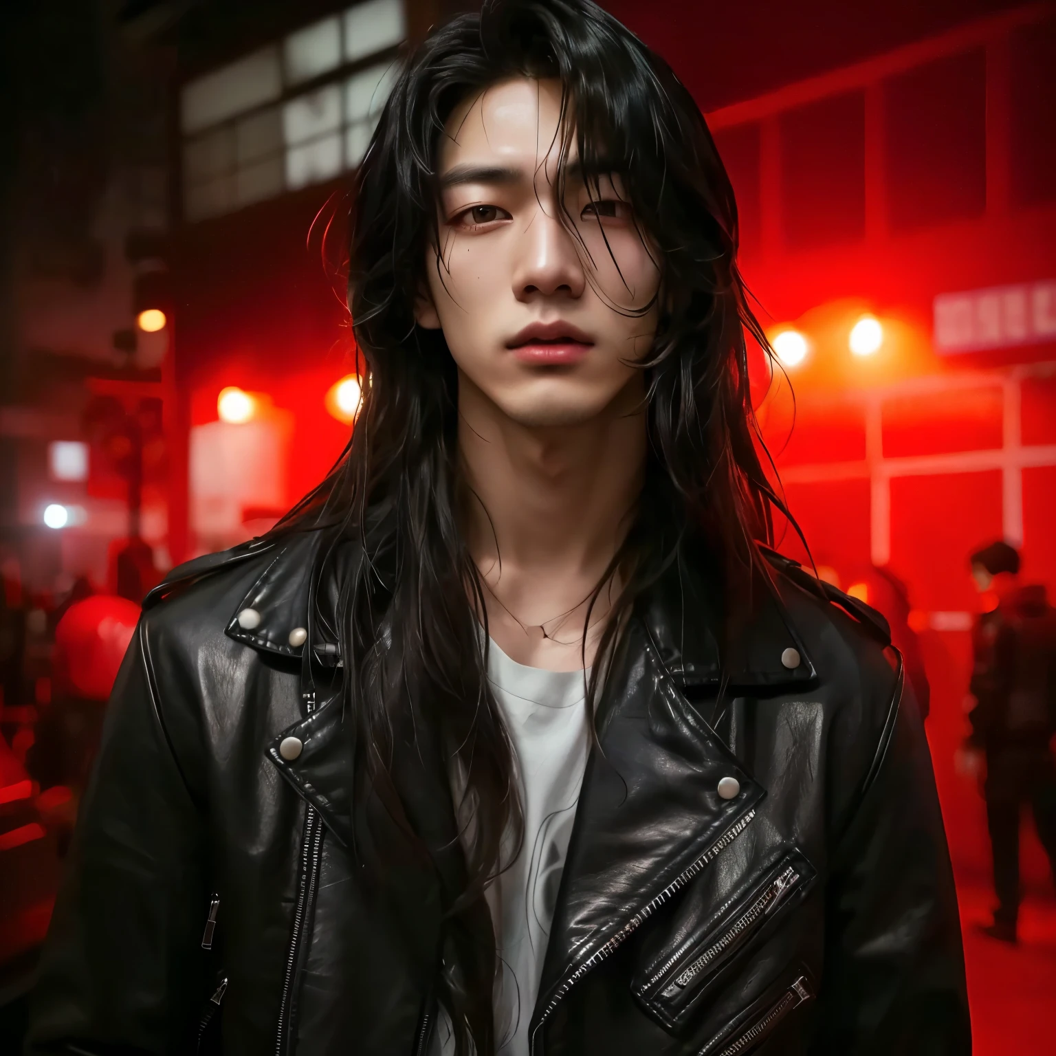 asian image of a man in a leather jacket standing in a dark room, male ulzzang, inspired by Jeon Jungkook, jungkook, luts, inspired by jeon jungkook, inspired by Jungkook Jeon, Jungkook, inspired by jungkook, with long hair, jungkook, south korean male, young with long hair angry face staring with red light ambient