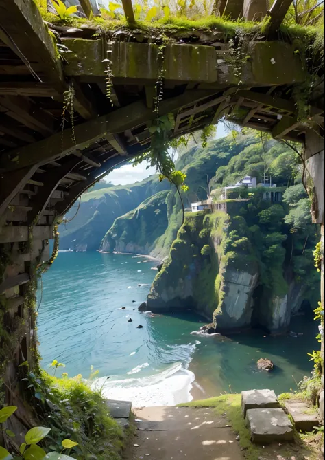 (masterpiece、highest quality:1.2)、8k、You can see the ocean、Ruins on the cliff、It is covered with moss and ivy.