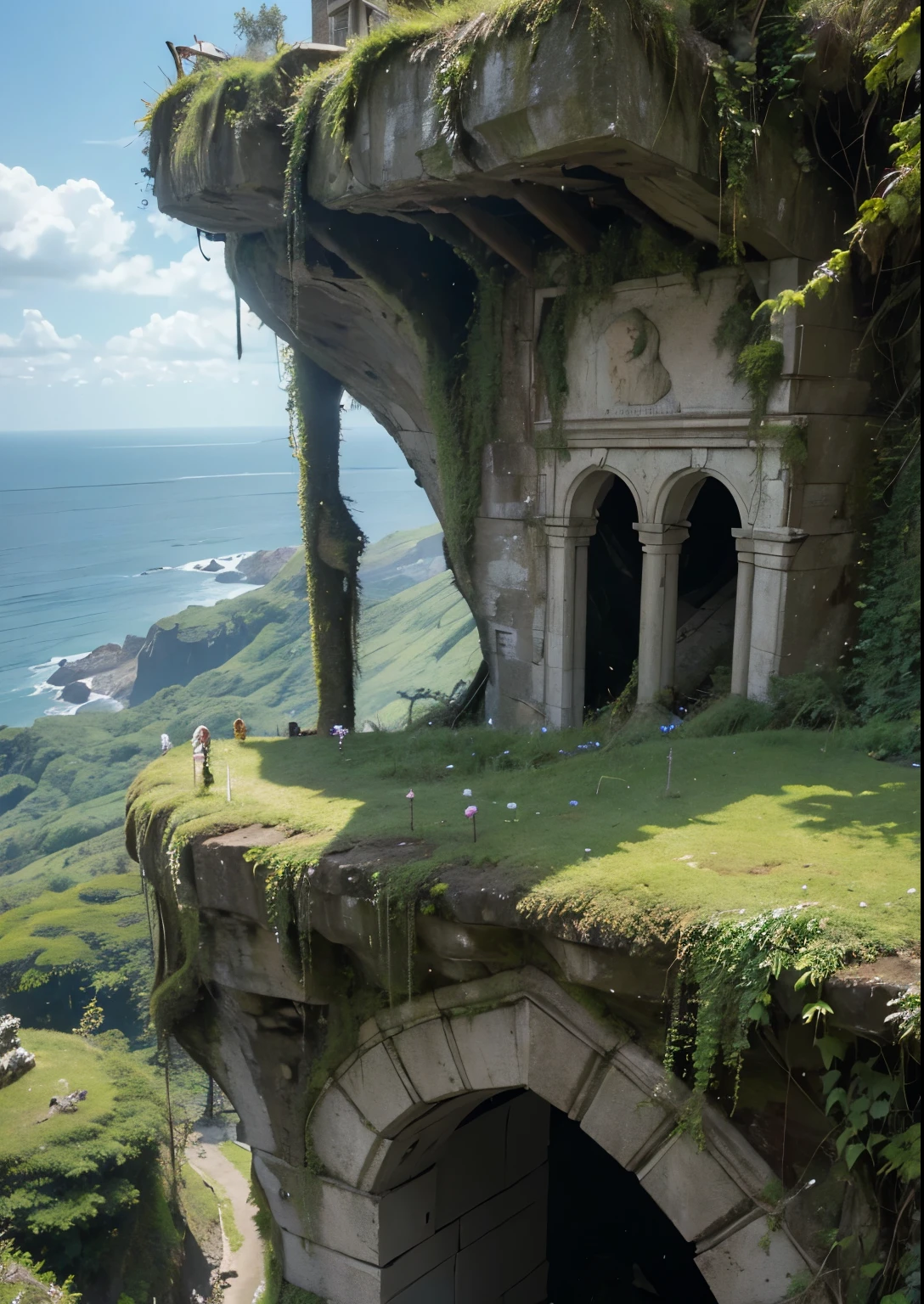 (masterpiece、highest quality:1.2)、8k、You can see the ocean、Crumbling ruins on the edge of a cliff、It is covered with moss and ivy.
