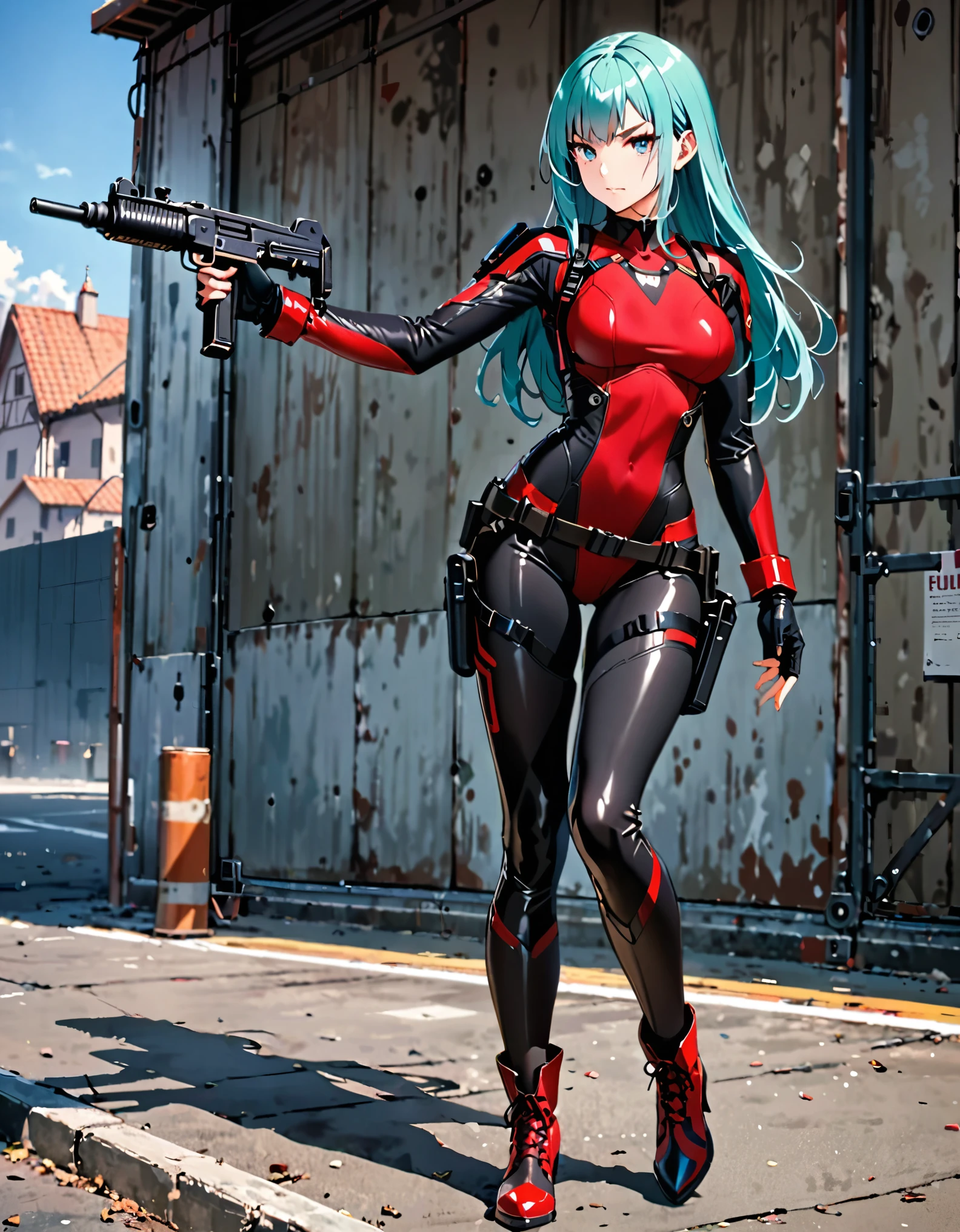 masterpiece, highly detailed, best quality, high quality, 1girl, (solo, solo focus), grey eyes, beautiful detailed eyes, beautiful detailed face, perfect hands, complete fingers, perfect anatomy, perfect proportions, long aqua hair, using uzi, detailed shadows, detailed light, (black skintight bodysuit, red leotard, shoulder holster), (full black pantyhose, skintight black leggings), matching boots, full body, serious, full body costume design