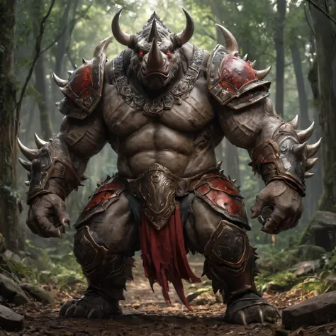 Two headed rhino monstrous behemoth beast warrior,duo great axe,spiked scalemail,gargantuan d&d sized monstrosity,strong,towerin...