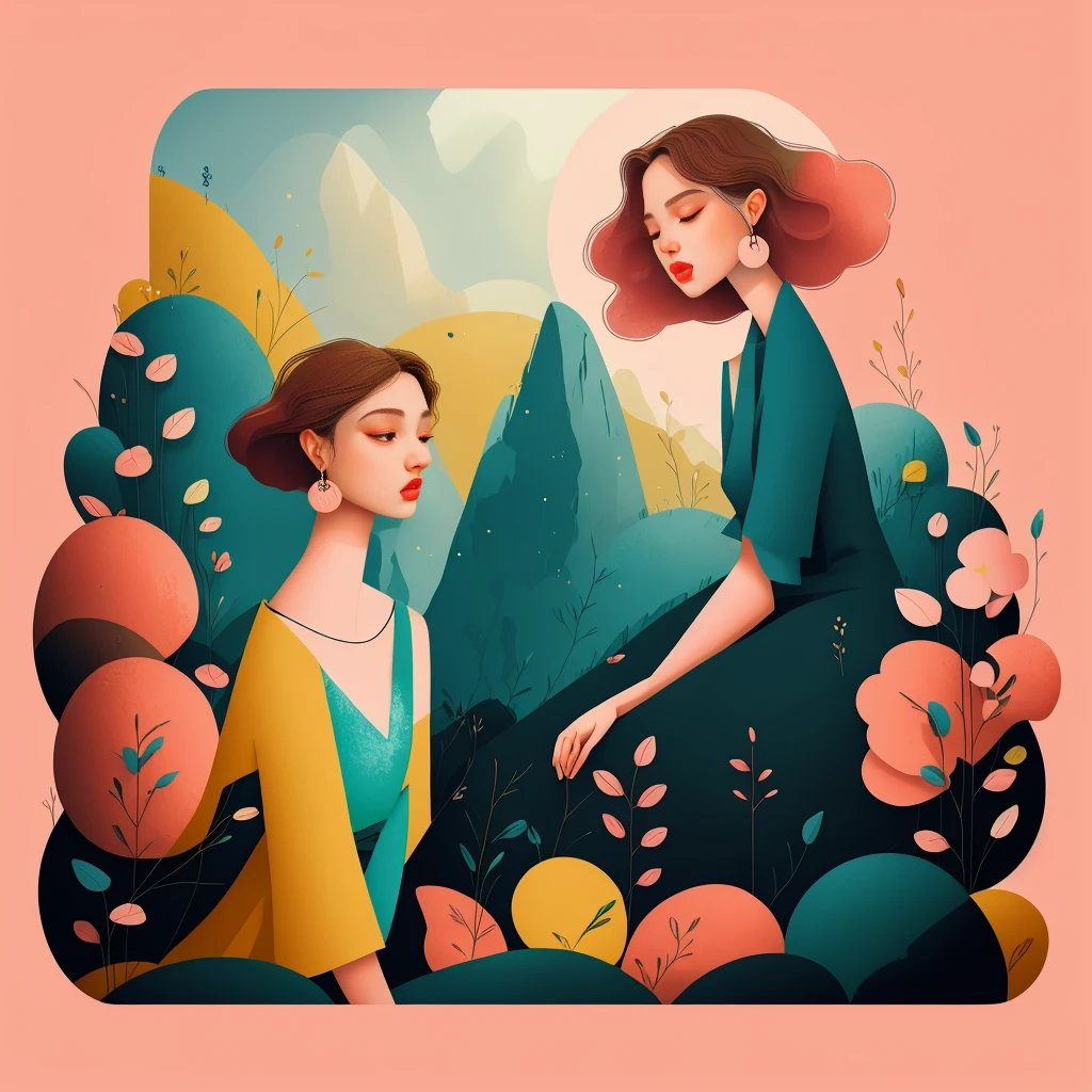 exquisite details, surreal atmosphere, ethereal beauty, vibrant colors, soft lighting, fantasy theme, mystical presence, delicate foliage, 1 beautiful old woman and her granddaughter, loose hair, intricate patterns, dreamlike quality, captivating look, flat illustration, colors, brown , cyan, pink, green, yellow