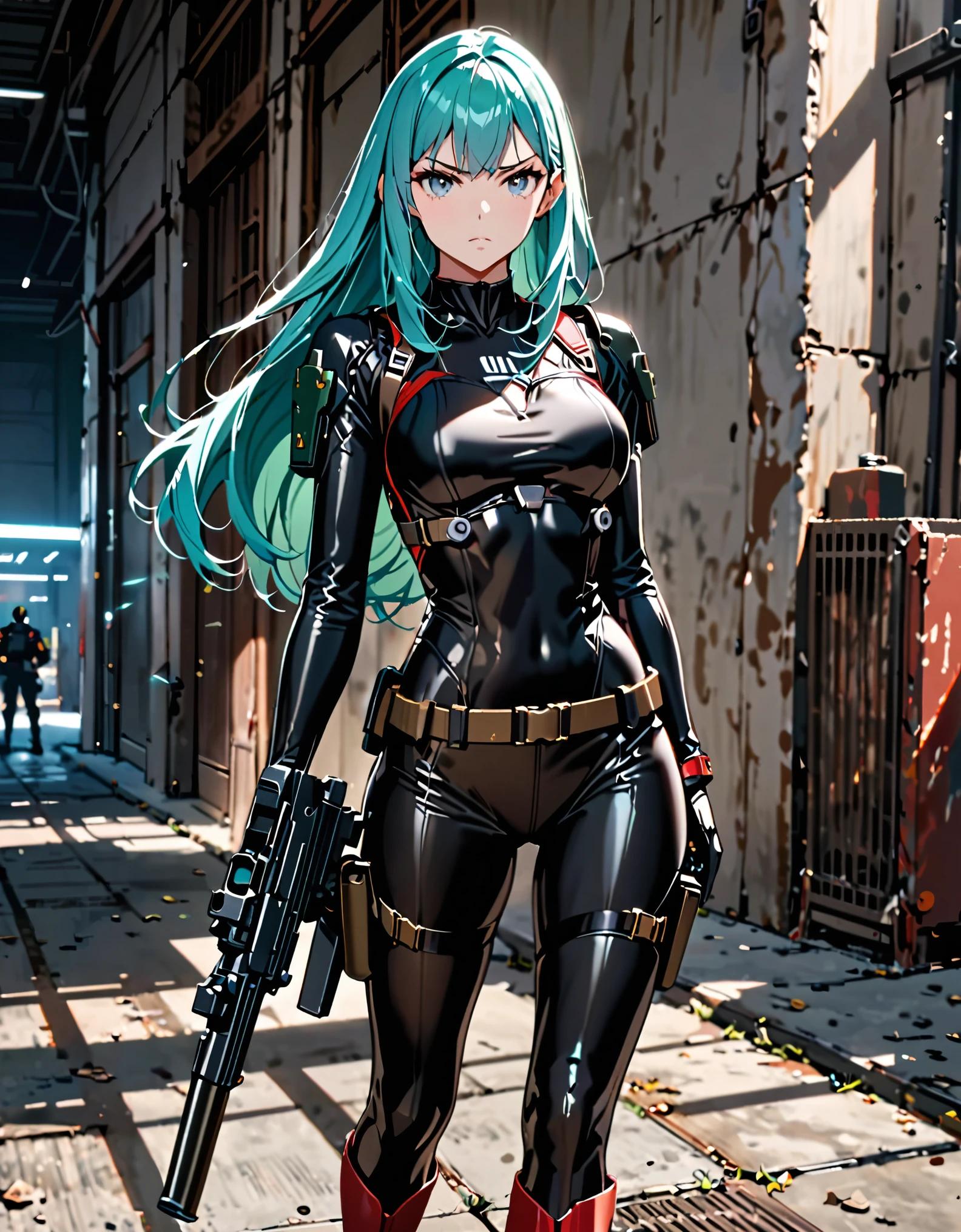 masterpiece, highly detailed, best quality, high quality, 1girl, (solo, solo focus), grey eyes, beautiful detailed eyes, beautiful detailed face, perfect hands, complete fingers, perfect anatomy, perfect proportions, (long hair, aqua hair), (using weapon, uzi), detailed shadows, detailed light, (black skintight bodysuit, red leotard, shoulder holster), (full black pantyhose, skintight black leggings), matching boots, full body, serious, cowboy shot, full body costume design