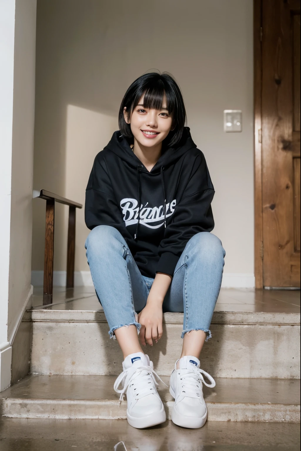 highest quality, Realistic, Very detailed, Finer details, High resolution, 8k wallpaper, One beautiful woman,Sit on the stairs、 Oversized hoodie, Skinny jeans, White sneakers、Putting on socks、Black Hair、 Beautiful Bangs、ear piercing、smile、Beautiful teeth alignment、Short Haircut、Perfect dynamic composition, Beautiful and detailed, Full Body Shot, A big smile
