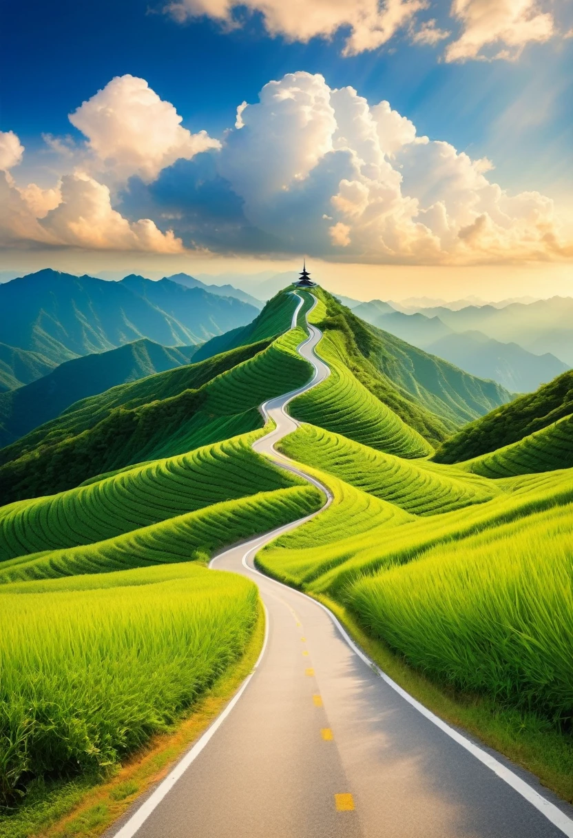 The Road to Heaven、A straight road that goes up and down repeatedly and leads to the sky、I can&#39;t tell where the earth and sky are、Hilly Meadows、(((Realistic Landscape Painting)))、{{masterpiece、highest quality、(((Realistic、Realistic:1.37)))、8K quality}}、Wide々and a sight、Refreshing、Wind-blown Meadow、A small figure of a woman gazing into the distance