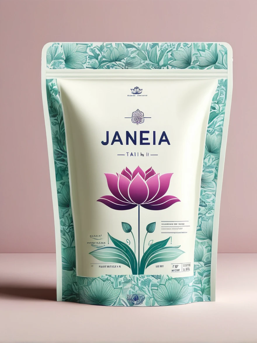 Create a minimalist rice food label for a brand named 'Janeia'. The design should be inspired by an array of soft colors including shades of purple, pink, light green and baby blue. The label should feature clean lines and simple typography to showcase the brand's commitment to simplicity and efficiency. The background must be a soft shade of purple, implying elegance and creativity. Embed an image of a delicate pink lotus flower, which is a significant symbol of purity and spirituality in Indian culture. The brand name should be prominently placed at the top using modern and sleek font. The label should also have an icon representing India as the country of origin. The overall aesthetic should be fresh, contemporary, capturing the essence of India whilst maintaining a modern feel. This design aesthetic aims to help the brand 'Janeia' stand out on the shelves, whilst invoking a sense of authenticity and quality.